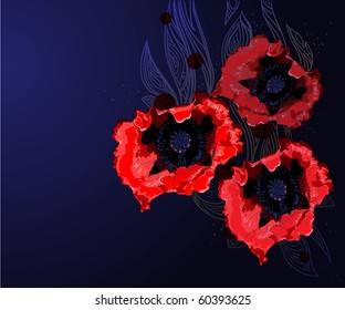 brilliant red poppies on a  dark-blue shining background