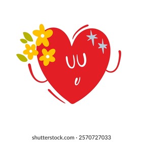 Brilliant romantic heart in spring flowers. Vector illustration of a love symbol gift for Valentines  day. Funny cartoon character on white background.