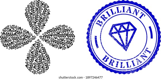 Giro brillante de rotación, y la imitación del sello BRILLIANT redondo azul con icono en el interior. Flor de elemento con 4 pétalos organizados a partir de objetos brillantes orientados. Collage de flores vectoriales en estilo plano.