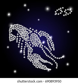 Brilliant Sign of the zodiac Cancer is the starry sky, vector Illustration. Contour icon.