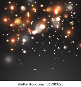 Brilliant snow on a dark background. Vector, golden light. Christmas background
