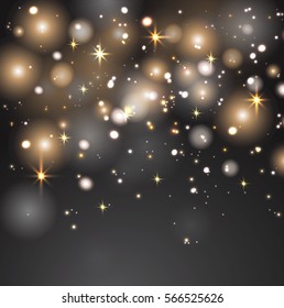 Brilliant snow on a dark background. Vector, golden light. Christmas background