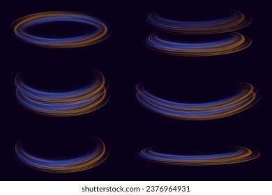 Brilliant sparks of a spiral wave. Curved bright speed line. The road is glowing. Rotating dynamic neon circle. Magic lines with highlights. Glowing vector swirl effect.