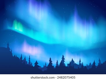 A brilliant spectacle of the northern lights against the backdrop of a serene forest. The vector landscape captures the mesmerizing play of green, blue and pink hues in the night sky.