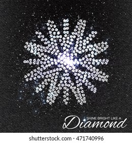 Brilliant stones Snowflakes pattern on black Denim Texture. Beautiful jewelry brooch. Ornament crystal precious, silver applique rhinestones, beadwork, embroidery. Fashion decor print.