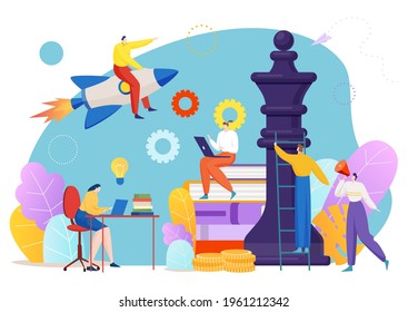 Brillante negocio de estrategia, trabajo en equipo de personas de pequeños personajes juntos empresa idea de la industria creativa ilustración vectorial plana, aislada en blanco.