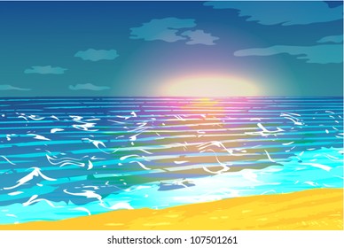 Brilliant sunset over the ocean waves in the foreground.