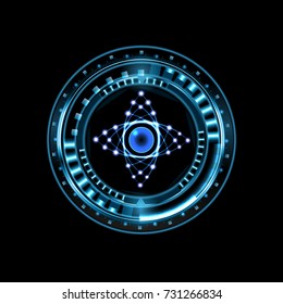 Brilliant technological eye HUD isolated on a black background in a lens with a diaphragm. vector illustration
