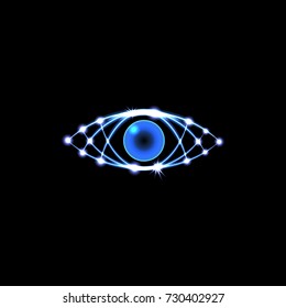 Brilliant technological eye HUD on a black background. Neon grid. vector illustration