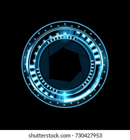 Brilliant technological eye HUD on a black background. Lens with aperture. vector illustration
