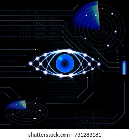 Brilliant technological eye HUD on a black background. Neon grid. Printed circuit board. Radar, battery. vector illustration