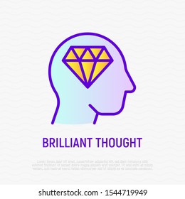 Brilliant thought thin line icon: diamond in head. Creativity, innovation, good idea. Modern vector illustration.