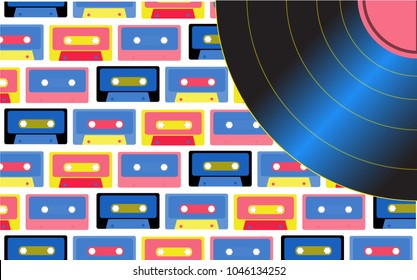 Brilliant vinyl musical analogue retro old hipster vintage gramophone record for a vinyl gramophone with an inscription of a retro  a background of multi-colored audio cassettes. Vector illustration