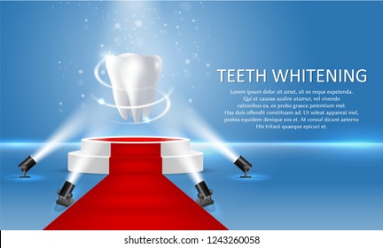 Brilliant white tooth on round podium with red carpet illuminated by floor spotlights. Vector realistic illustration. Teeth whitening poster banner template.