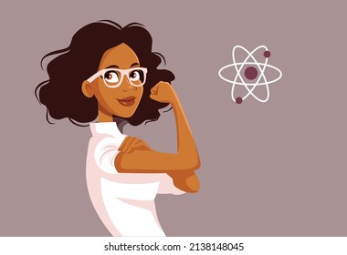 Brilliant Woman Succeeding In Science Field Vector Cartoon Illustration. Female Researcher Feeling Strong And Empowered 
