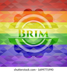 emblema de Brim sobre fondo de mosaico con los colores de la bandera LGBT