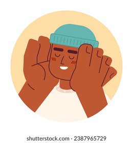 Brimless hat black man smiling hands on face 2D vector avatar illustration. Cute expression african guy cartoon character face portrait. Love yourself flat color user profile image isolated on white