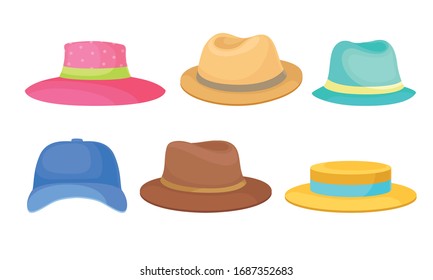 Brimmed Male and Female Hats and Caps with Ribbons Isolated on White Background Vector Set