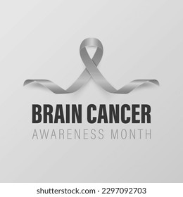 Brin Cancer Banner, Card, Placard with Vector 3d Realistic Grey Ribbon on Grey Background. Brain Cancer Awareness Month Symbol Closeup, May. World Brain Cancer Day Concept
