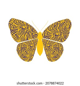 Brindle butterfly isolated on white background. Purple stripes on a yellow background. Cute decorative print. Vector.