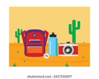 Bring bags, equipment such as bottles, compasses and cameras for adventures on the African savanna. Character design. Vector flat illustration