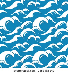 Traga a calma do mar para os seus projetos com este padrão de ondas do oceano sem costura desenhado à mão, perfeito para projetos temáticos de praia, tecidos, papéis de parede e arte digital criativa.