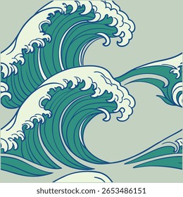 Traga a calma do mar para os seus projetos com este padrão de ondas do oceano sem costura desenhado à mão, perfeito para projetos temáticos de praia, tecidos, papéis de parede e arte digital criativa.