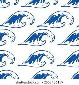 Traga a calma do mar para os seus projetos com este padrão de ondas do oceano sem costura desenhado à mão, perfeito para projetos temáticos de praia, tecidos, papéis de parede e arte digital criativa.