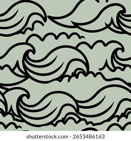 Traga a calma do mar para os seus projetos com este padrão de ondas do oceano sem costura desenhado à mão, perfeito para projetos temáticos de praia, tecidos, papéis de parede e arte digital criativa.