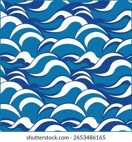 Traga a calma do mar para os seus projetos com este padrão de ondas do oceano sem costura desenhado à mão, perfeito para projetos temáticos de praia, tecidos, papéis de parede e arte digital criativa.