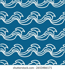 Traga a calma do mar para os seus projetos com este padrão de ondas do oceano sem costura desenhado à mão, perfeito para projetos temáticos de praia, tecidos, papéis de parede e arte digital criativa.