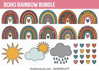 Bring charm and warmth to your designs with this Boho Rainbow Clipart Bundle, featuring hand-drawn rainbows, hearts, and stylish patterns in soft earthy tones. Perfect for DIY crafts, nursery prints, 