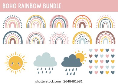 Bring charm and warmth to your designs with this Boho Rainbow Clipart Bundle, featuring hand-drawn rainbows, hearts, and stylish patterns in soft earthy tones. Perfect for DIY crafts, nursery prints, 
