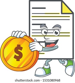 Bring coin document cartoon mascot on white background