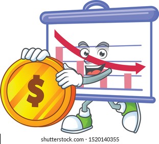 Bring coin down graphic board on white background.