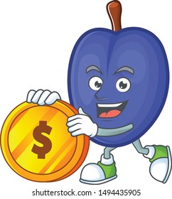 Bring coin fruits prune character on white background