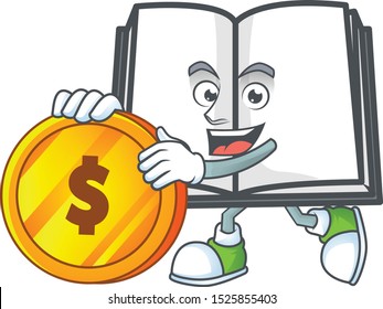 Bring coin open book on a white background