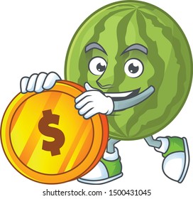 Bring coin watermelon character mascot for symbol healthy fruit