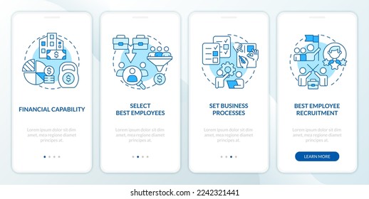 Bring company teams together blue onboarding mobile app screen. Walkthrough 4 steps editable graphic instructions with linear concepts. UI, UX, GUI template. Myriad Pro-Bold, Regular fonts used