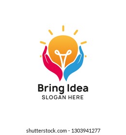 bring creative idea logo design template. hand and bulb icon symbol designs