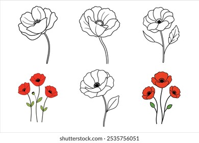 Bring elegance to your designs with this hand-drawn poppy flower illustration set. Perfect for botanical projects, decor, invitations, and digital art with a natural, vintage style.