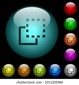 Bring element to front icons in color illuminated spherical glass buttons on black background. Can be used to black or dark templates