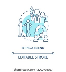 Bring A Friend Blue Concept Icon. Overcome Shyness. Build Relationship. Mentoring Abstract Idea Thin Line Illustration. Isolated Outline Drawing. Editable Stroke. Arial, Myriad Pro-Bold Fonts Used