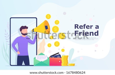 Bring a friend, a man with a megaphone shouts recommend to a friend, sharing information and earning money. Landing page concept, user interface.