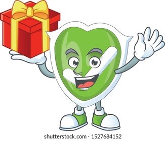Bring gift checkmark shield character on white background.