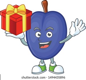 Bring gift fruits prune character on white background