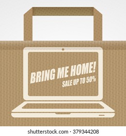 Bring me home! - sale banner with laptop icon and shopping bag. Sale background. Big sale. Sale tag. Sale poster. Sale vector. Super Sale and special offer. 50% off.