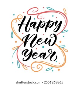 Bringen Sie das neue Jahr mit diesem eleganten Kalligrafie-Design, fette schwarze Schrift gepaart mit lebendigen Farbwirbeln, die die Freude und Feier der Saison einfangen.