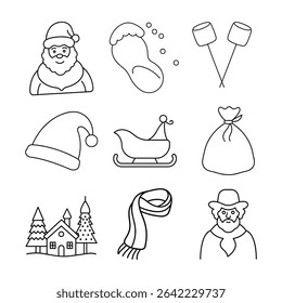 Bring the season alive with Christmas village marshmallows Santa Claus , footprint in snow Santa hat , sleigh, toy sack scarf and scrooge Vector line art on white background.
