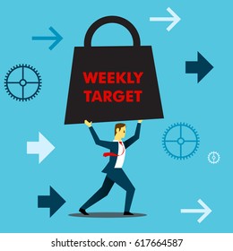 Bring something. Businessman lifting weights in the form of weekly work targets the giant scales. Concept business vector illustration.